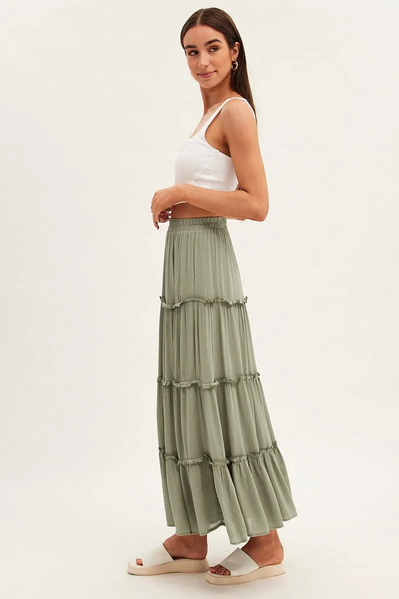 Simple looks Green Maxi Skirt High Rise Tiered