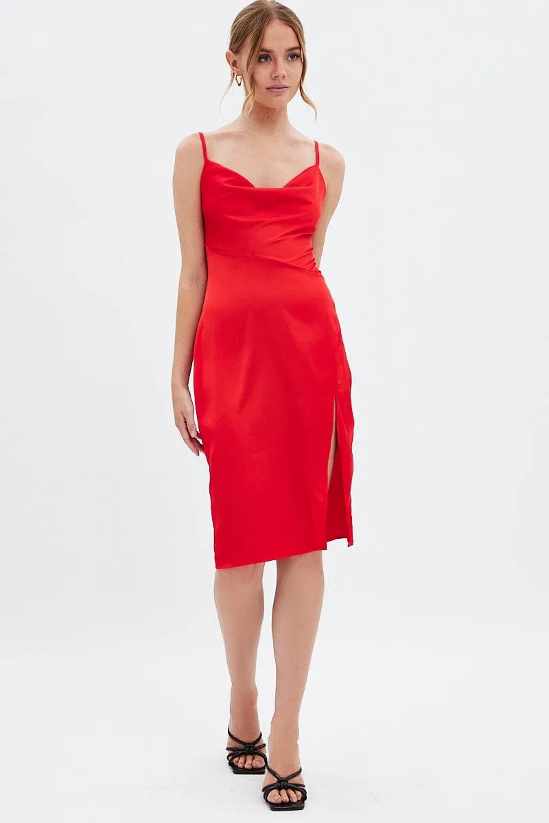 Bead Shine Tram Ride Red Cowl Neck Slip Midi Dress