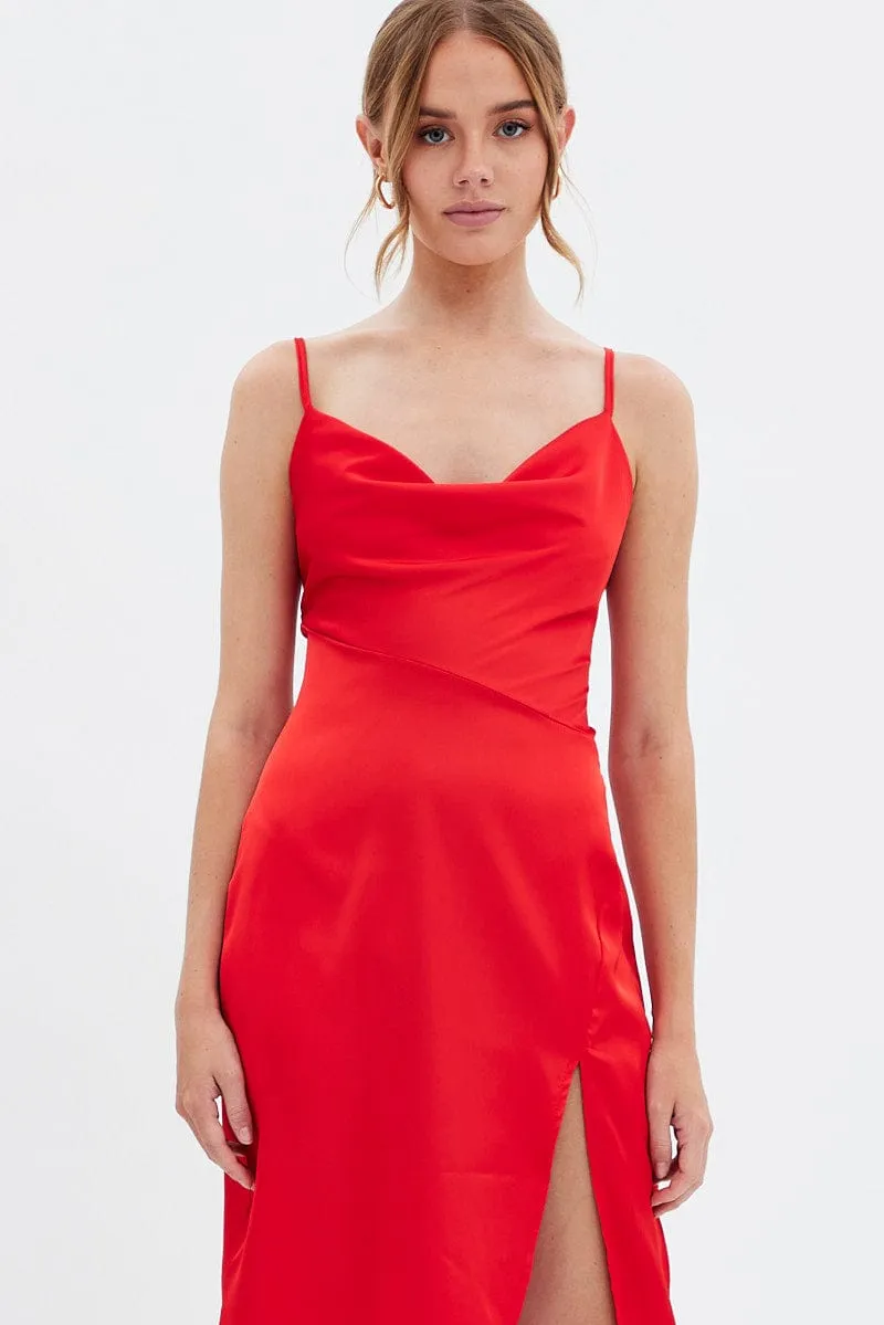 Easy Style Red Cowl Neck Slip Midi Dress
