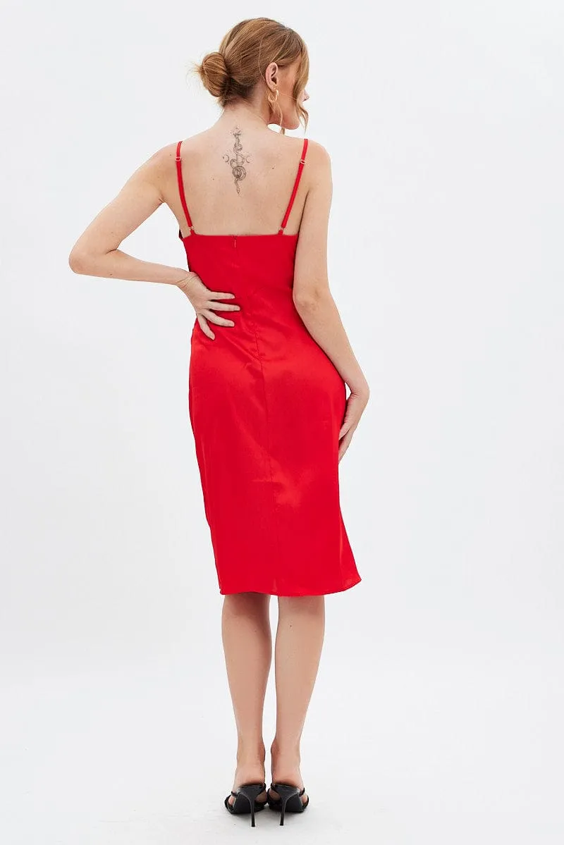 Silk Flow Red Cowl Neck Slip Midi Dress