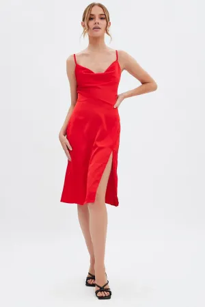 Red Cowl Neck Slip Midi Dress All Season Style Ball Night