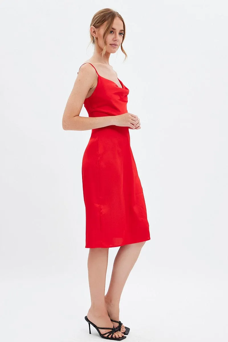 Trendy Chic Fresh Air Red Cowl Neck Slip Midi Dress