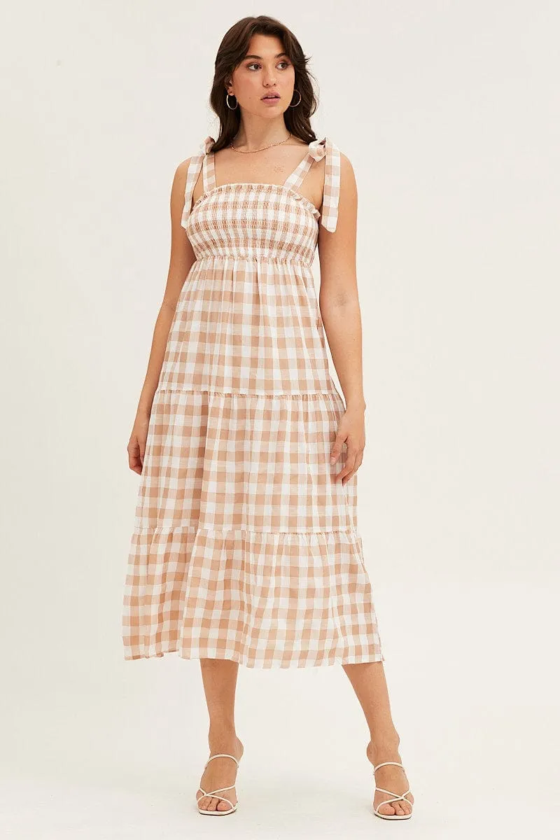 Stylish springtime wear Stylish work-to-weekend outfit Check Tied Shoulder Midi Dress