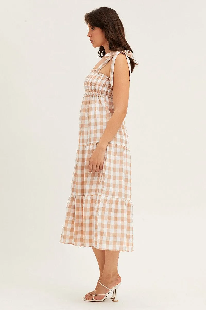 Check Tied Shoulder Midi Dress Vibrant color midi