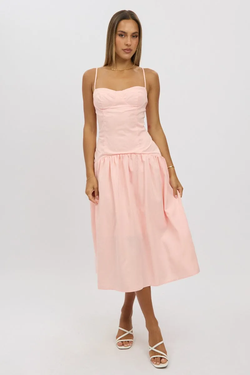 Pink Midi Dress Drop Waist Silk Flow Silver Light