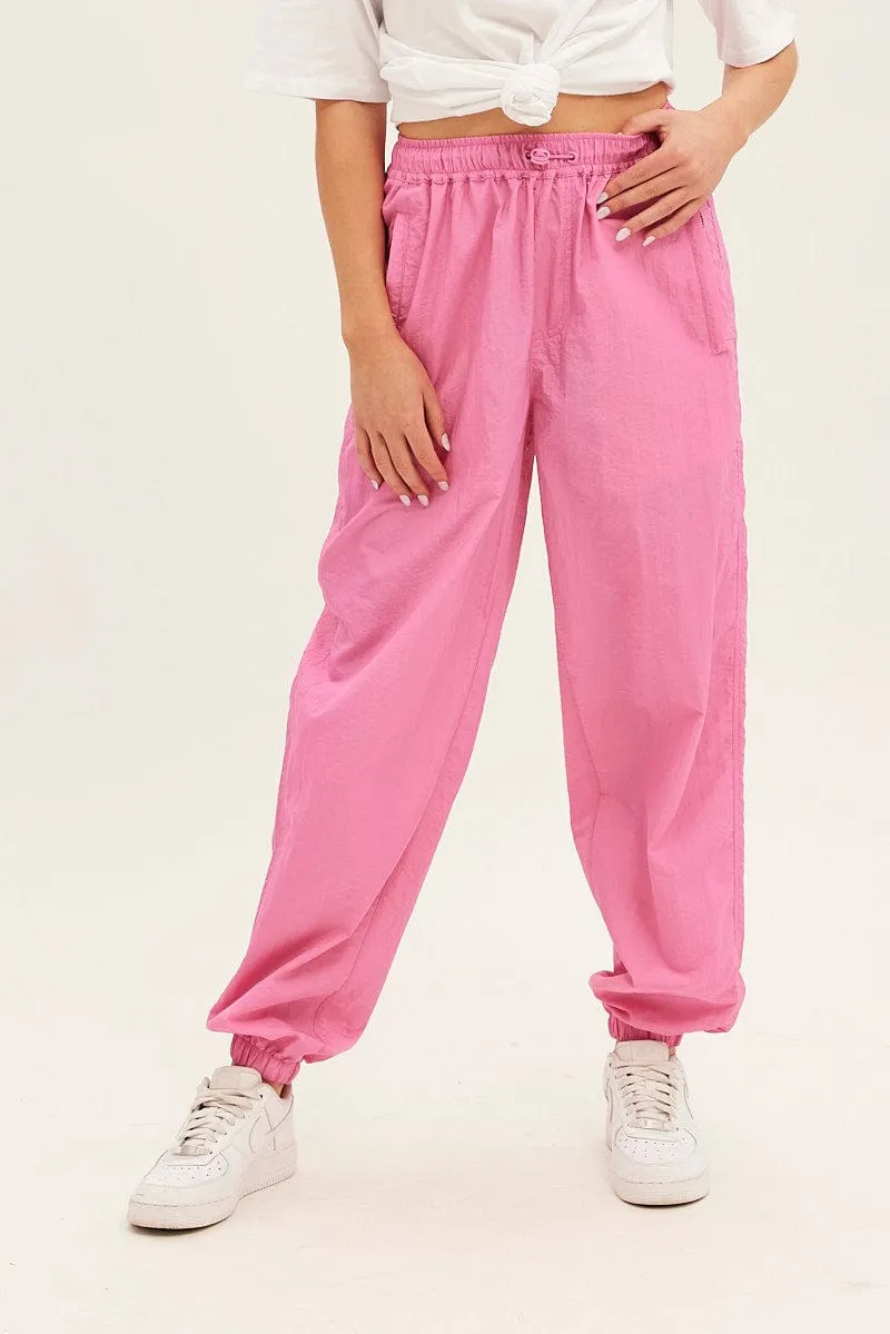 Gripper Waistband Pink Parachute Cargo Pants Mid Rise
