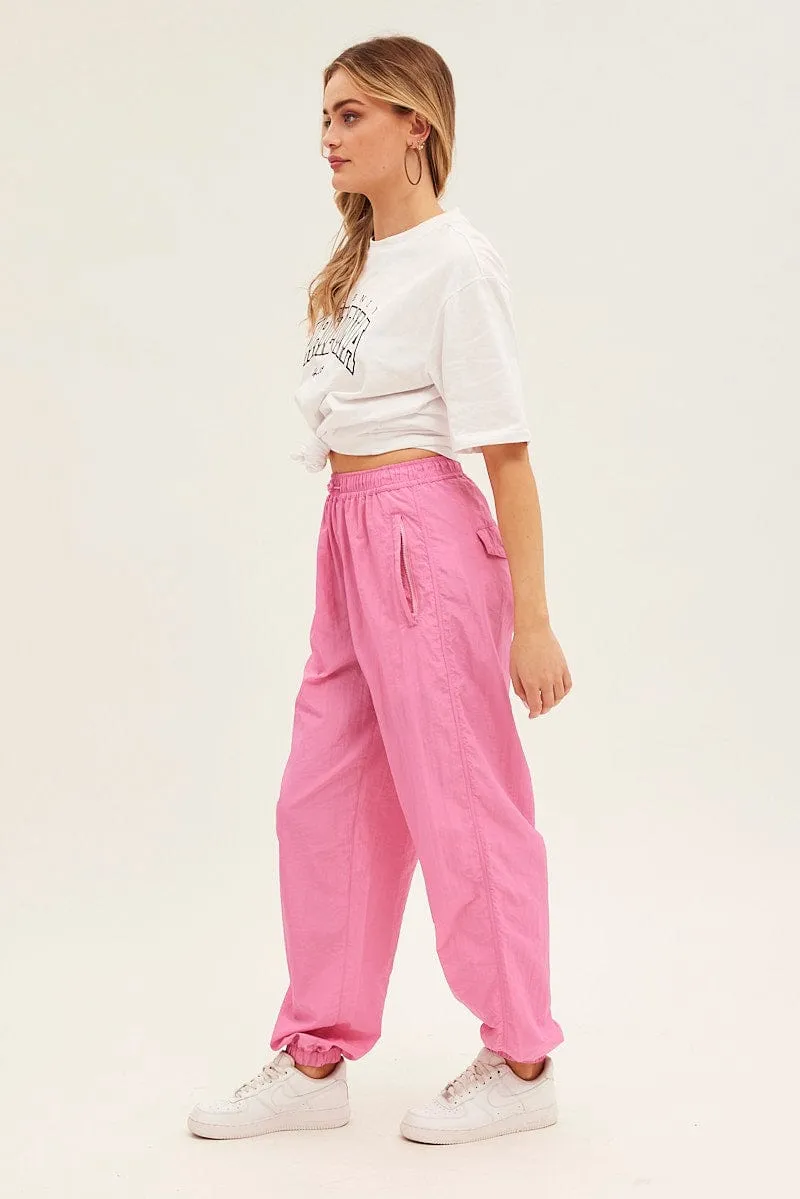 Breathable Lining Workwear Pink Parachute Cargo Pants Mid Rise
