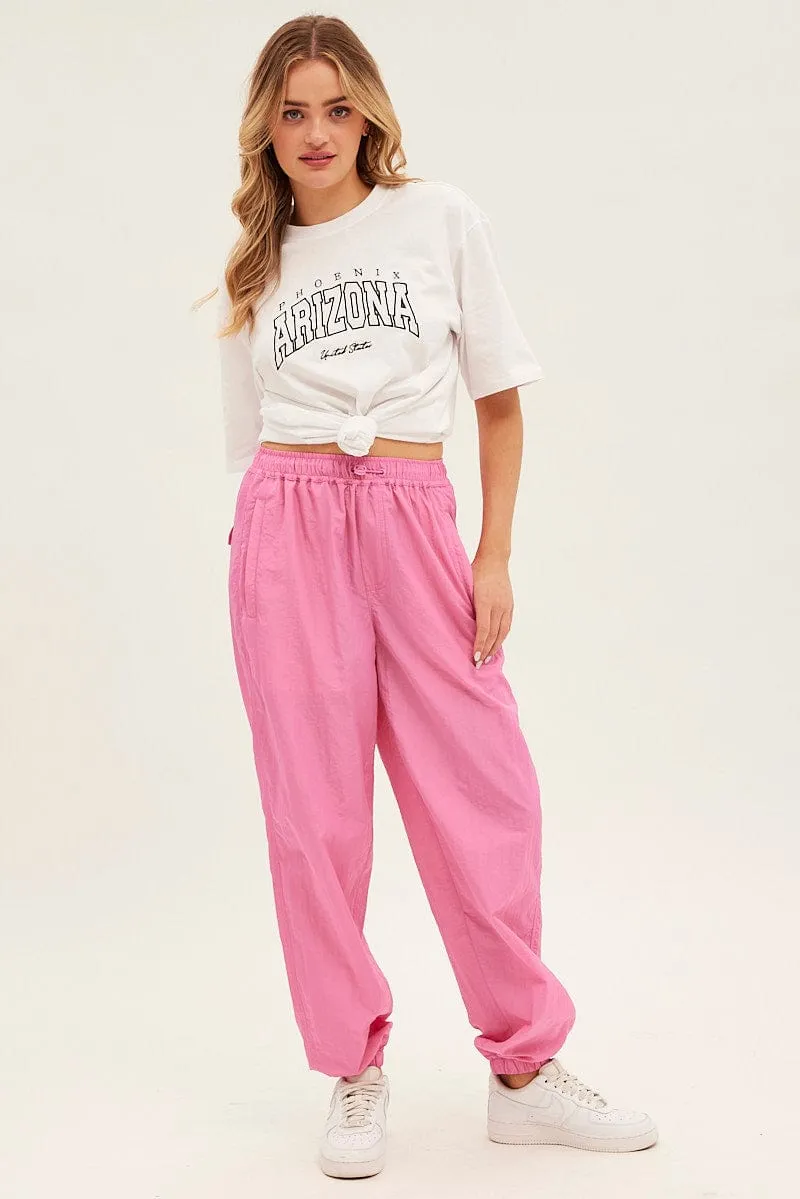 Pink Parachute Cargo Pants Mid Rise Durable Seam Construction