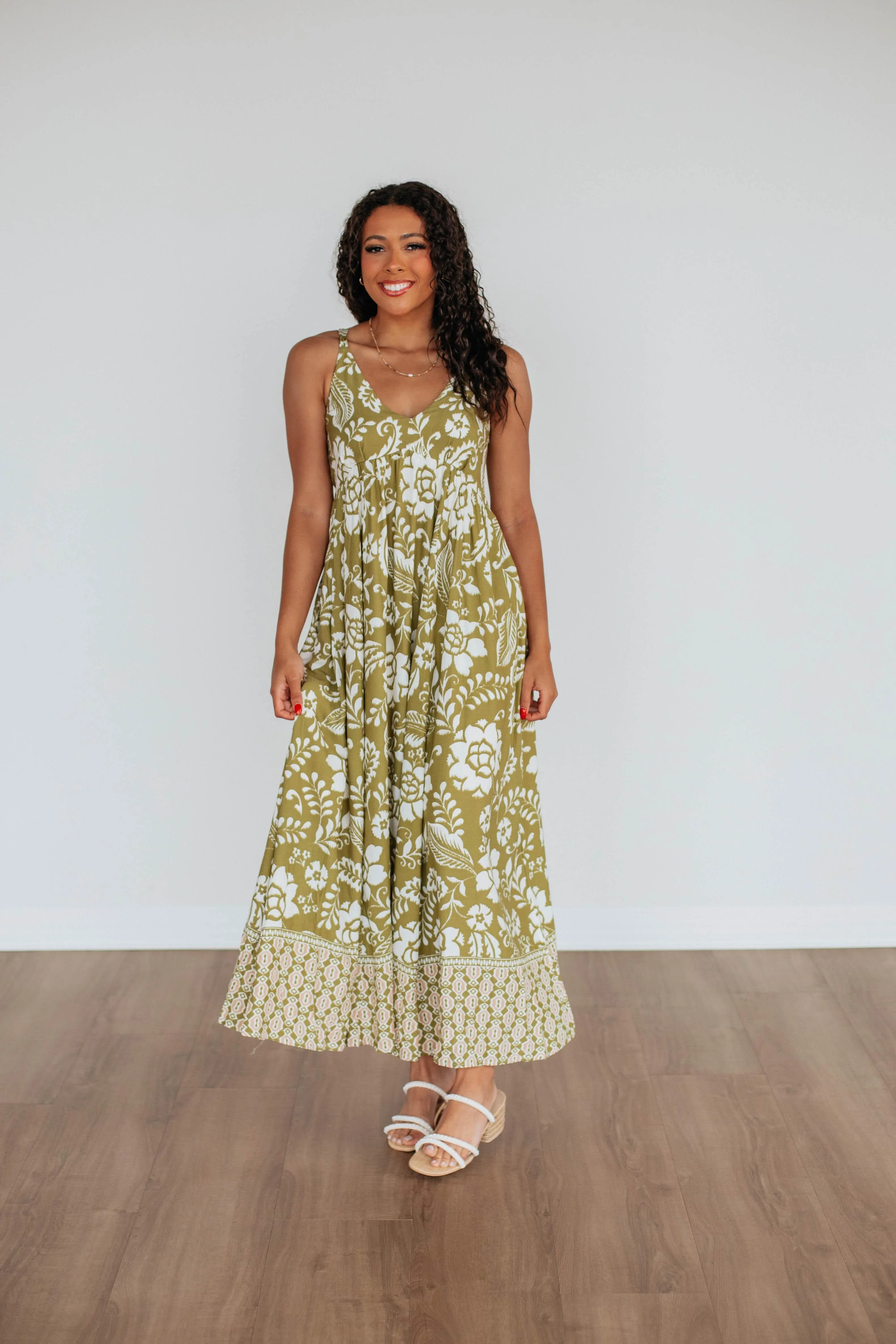 Aaralyn Maxi Dress Olive Grove Onyx Shine
