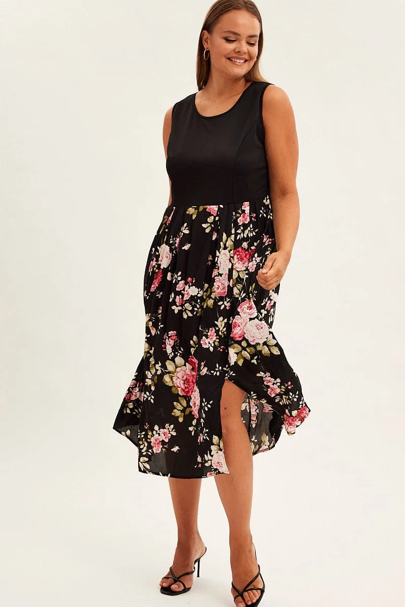 Print Cream Print Sleeveless Plain Bodice Long Dress relaxed elegance Flame Glow