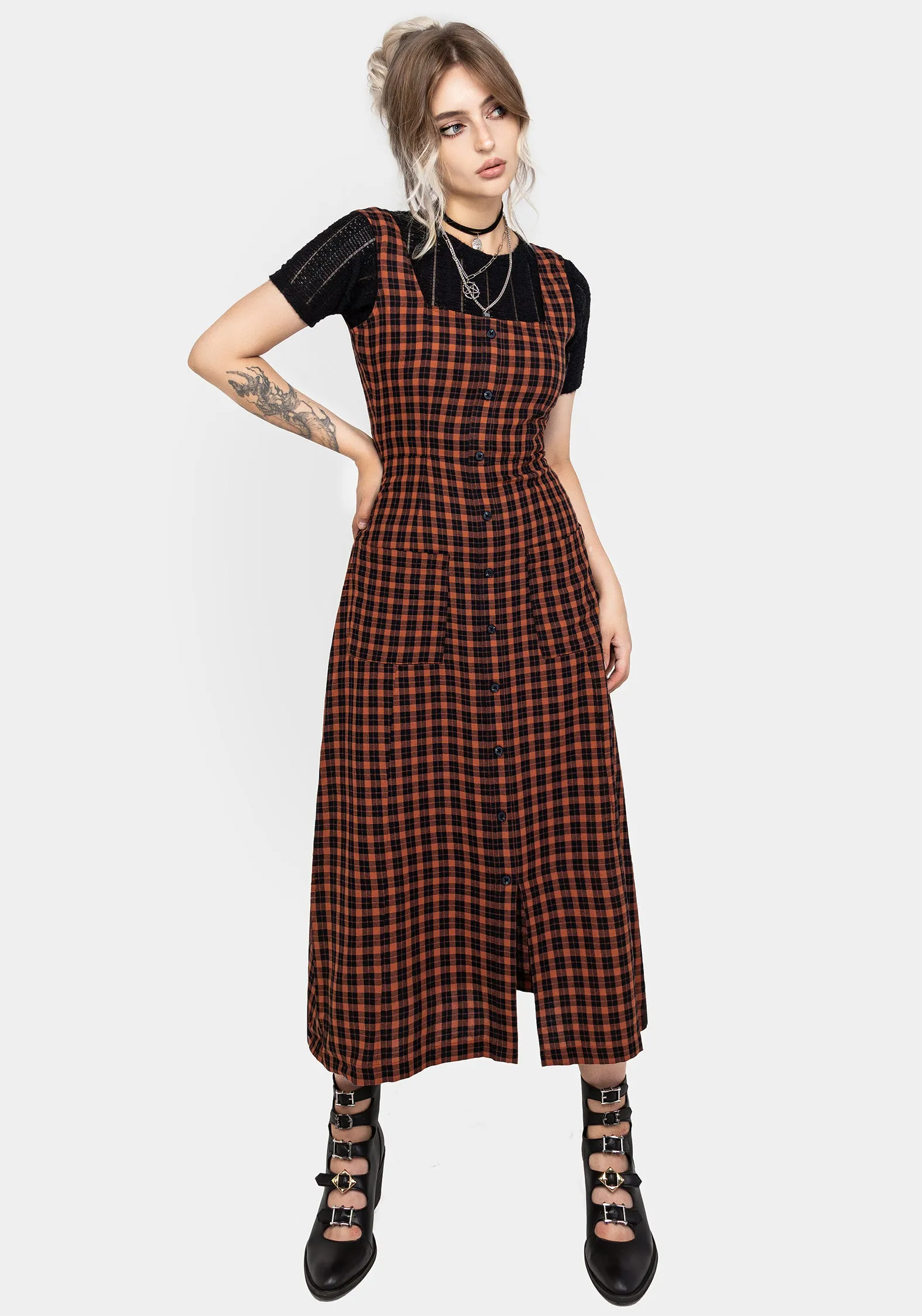 Terra Check Button Up Midaxi Dress - Orange Spanish Heat