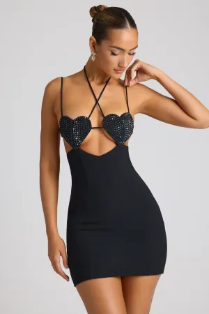 Embellished Heart Cup Detail Mini Dress in Black Flirty summer piece Uniform Drape