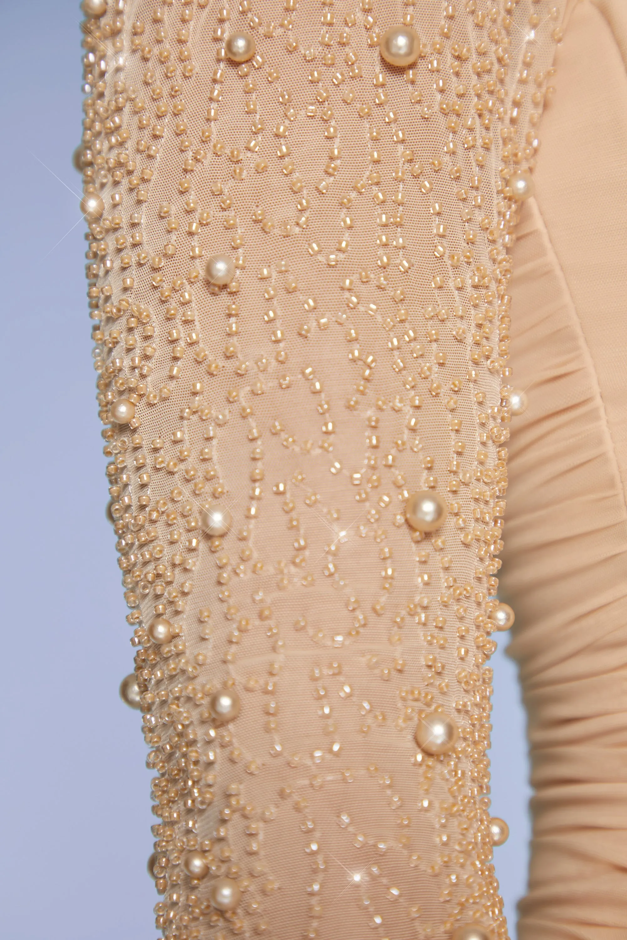 Youthful Design Embellished Long Sleeve Mini Dress in Sand