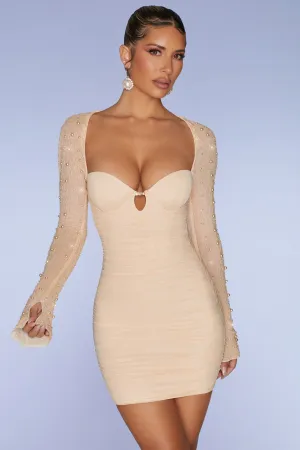 Hypoallergenic fabric Embellished Long Sleeve Mini Dress in Sand