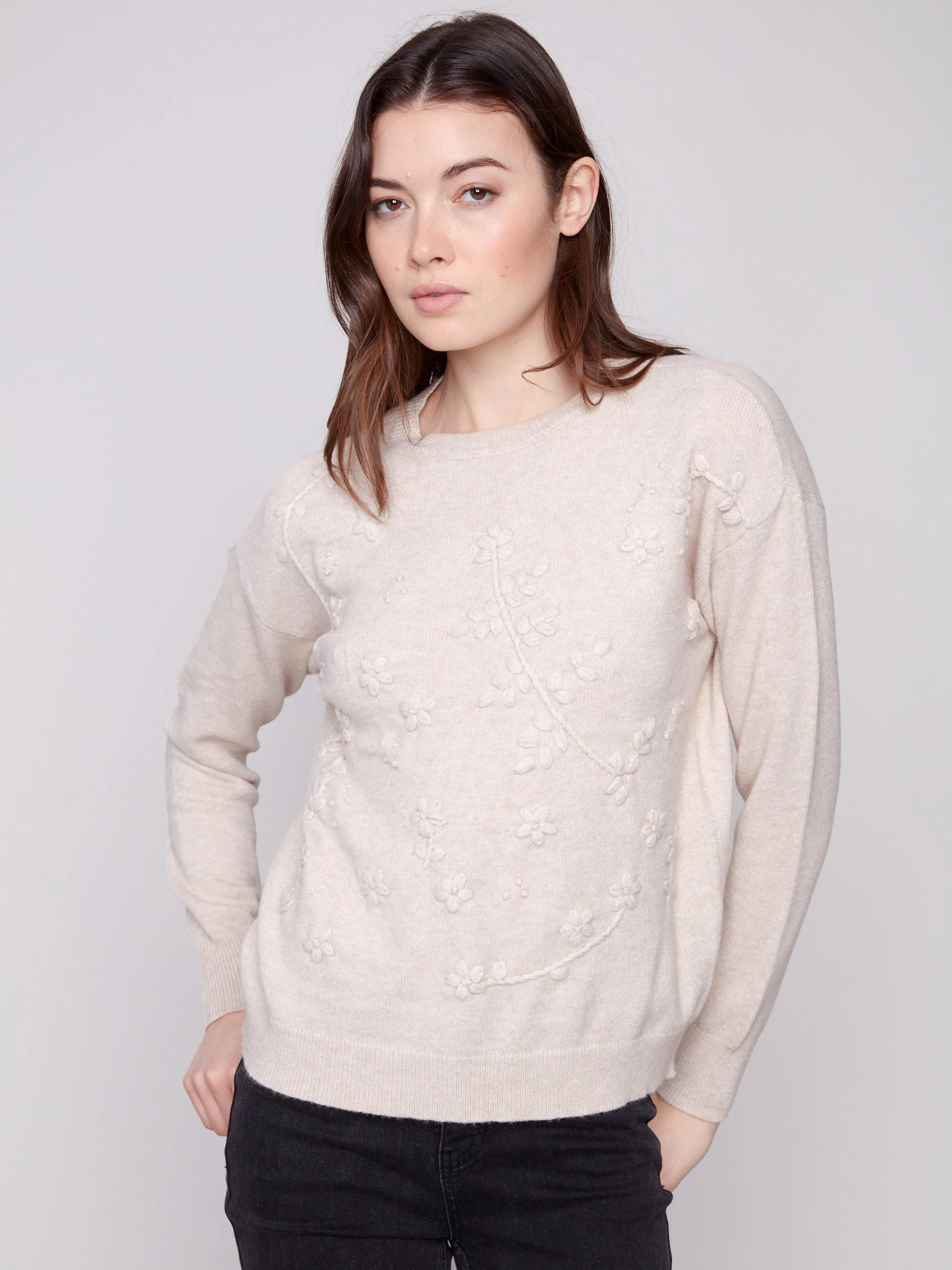 Comfy Material Snug Layer Crew Neck Sweater with Tonal Embroidery - Heather Oat