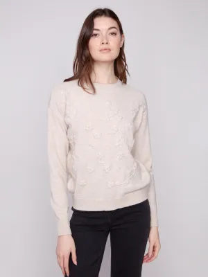 Minimalist Look Chilly Wardrobe Crew Neck Sweater with Tonal Embroidery - Heather Oat