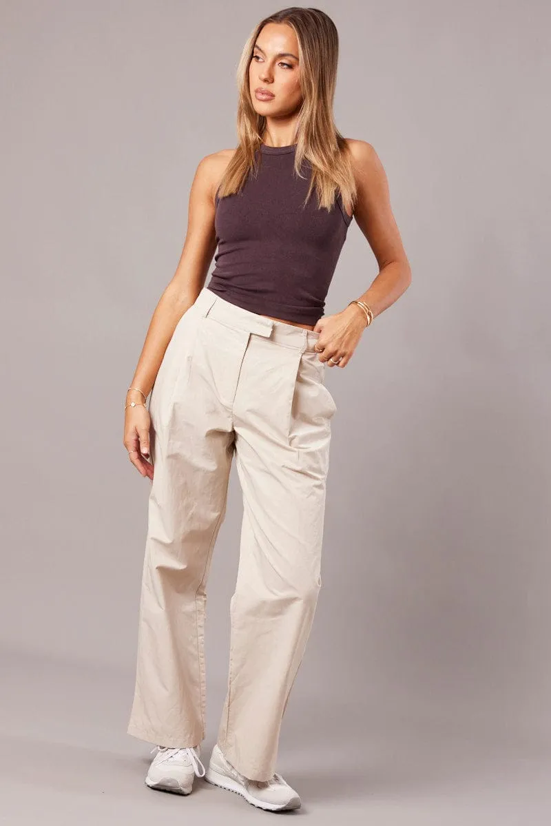 Odor Control Technology Beige Wide Leg Pants Pleated Front