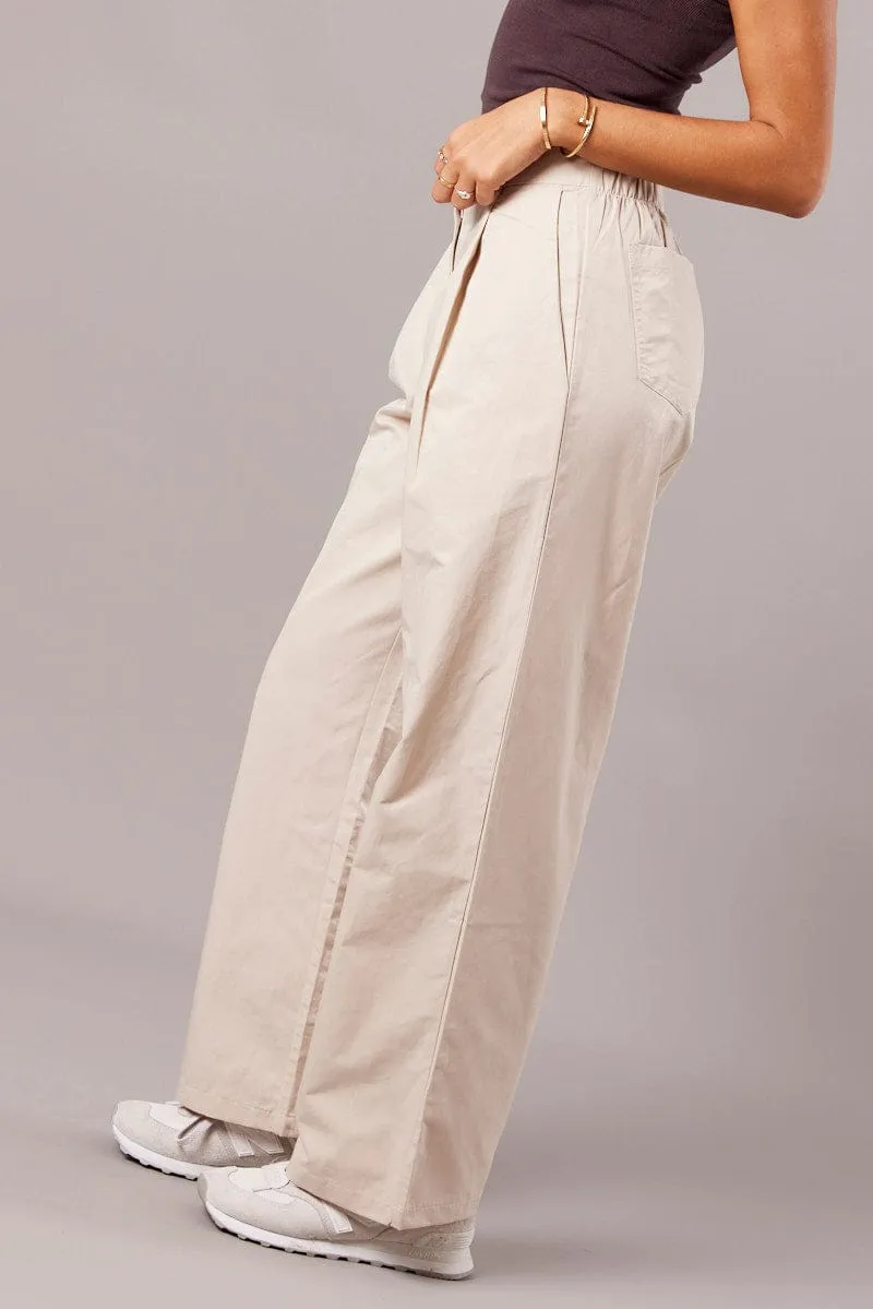 Beige Wide Leg Pants Pleated Front Thermal Regulating Lightweight Wear