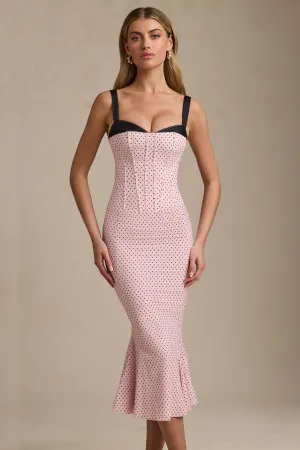 Warm Vest Fresh Ease Layered Bra-Detail Fishtail Midaxi Dress in Pink Polka Dot
