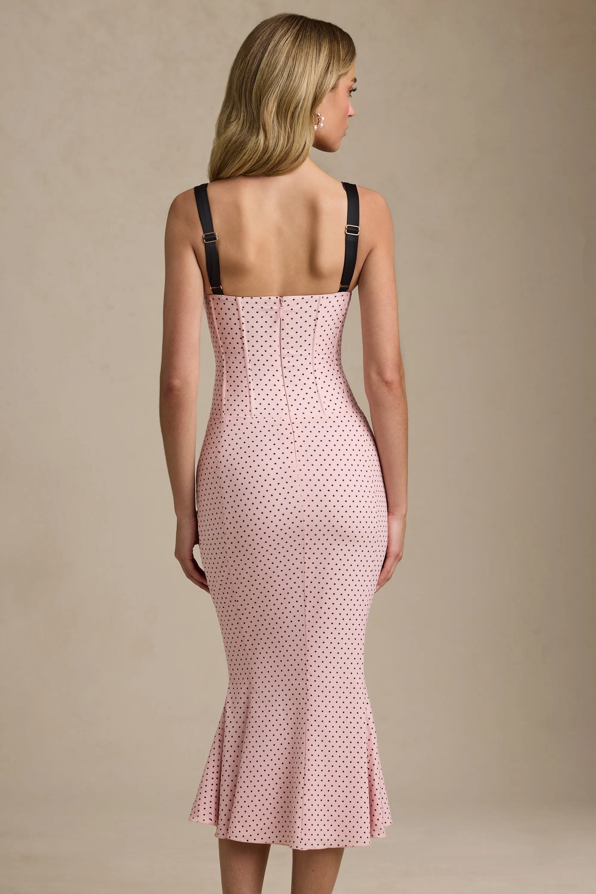 Layered Bra-Detail Fishtail Midaxi Dress in Pink Polka Dot Sheer Glow