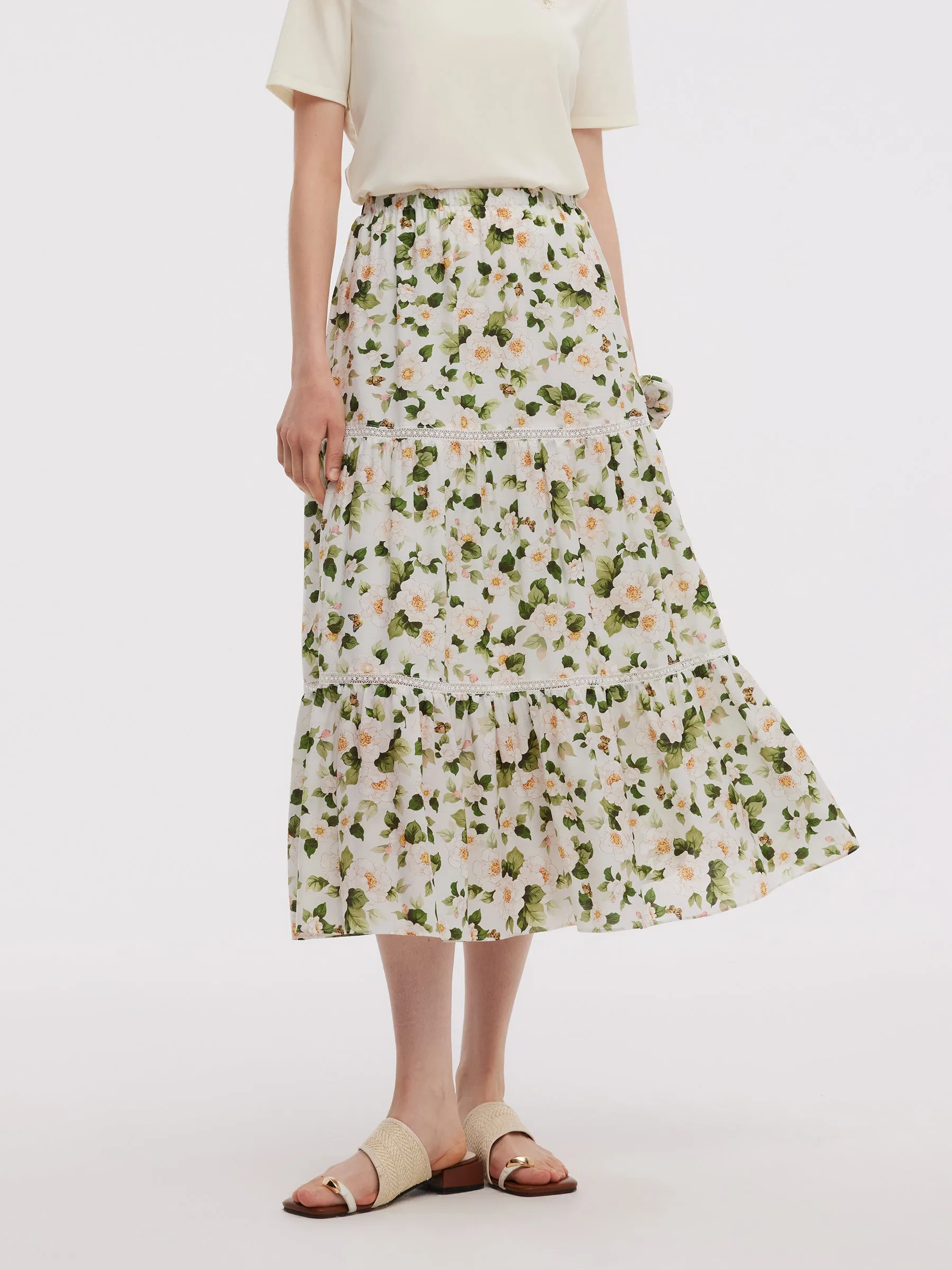 Acetate Blend Floral Print Women Tiered Skirt Classic Fit Layered Hem
