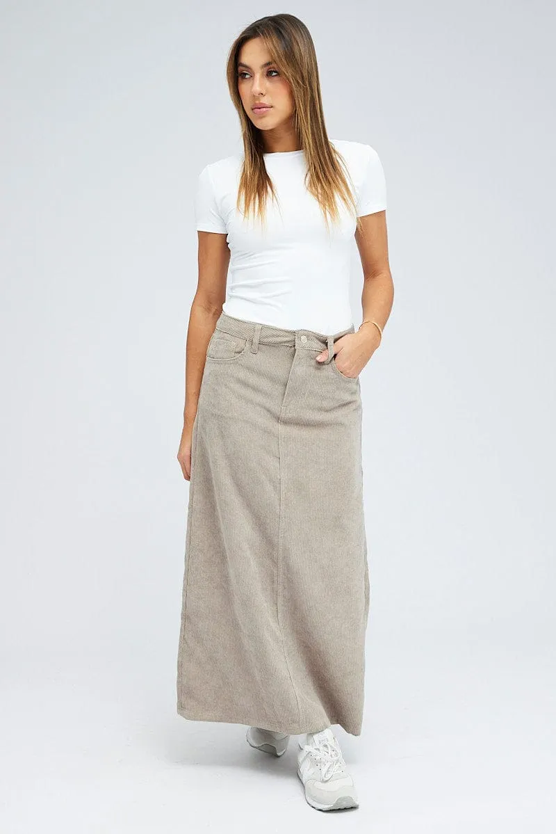 Patchwork Design Grey Maxi Skirt High Rise A-line Corduroy