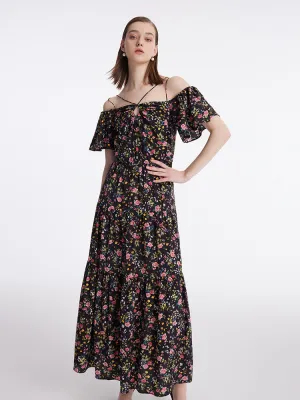 16 Momme Mulberry Silk Rose Print Off Shoulder Women Maxi Dress GridTexture