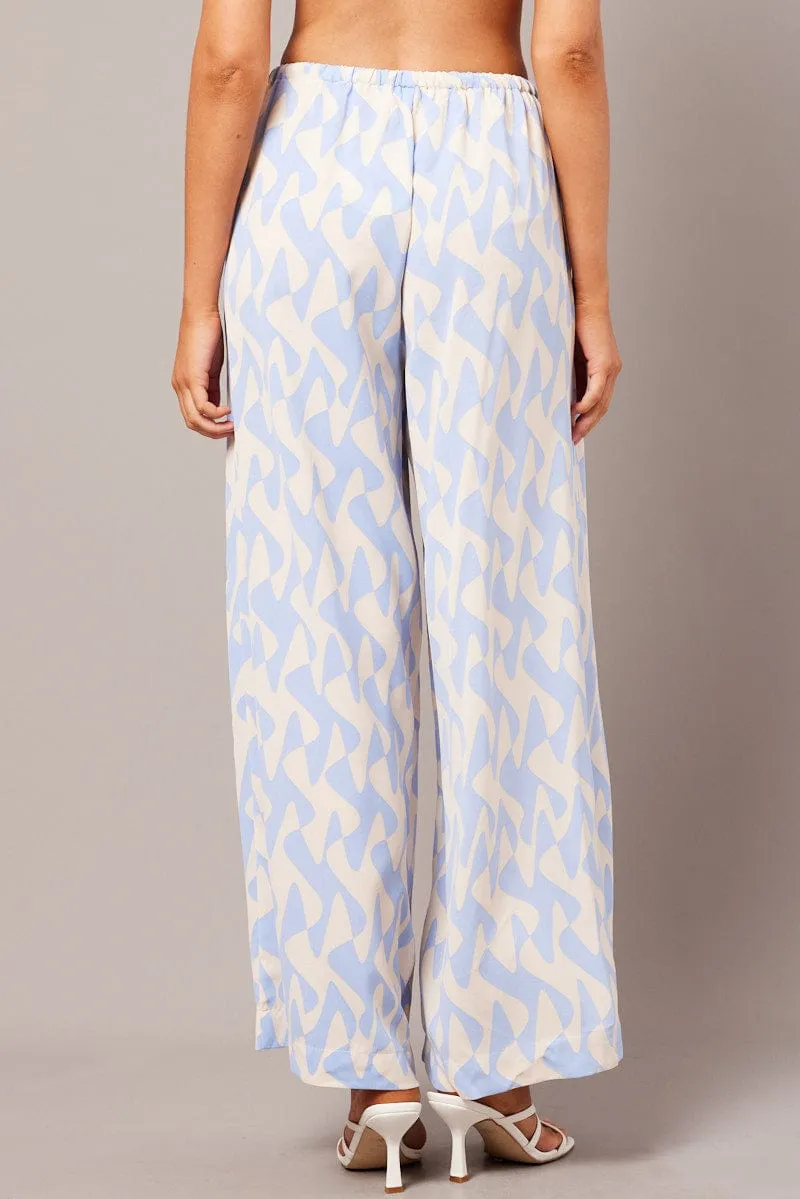 Smart Style Comfortable Fashion Blue Geo Wide Leg Pants High Rise