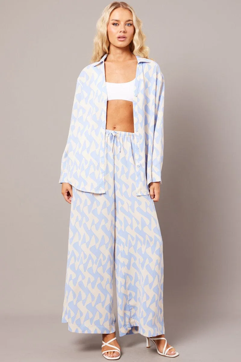 Blue Geo Wide Leg Pants High Rise Wide Leg