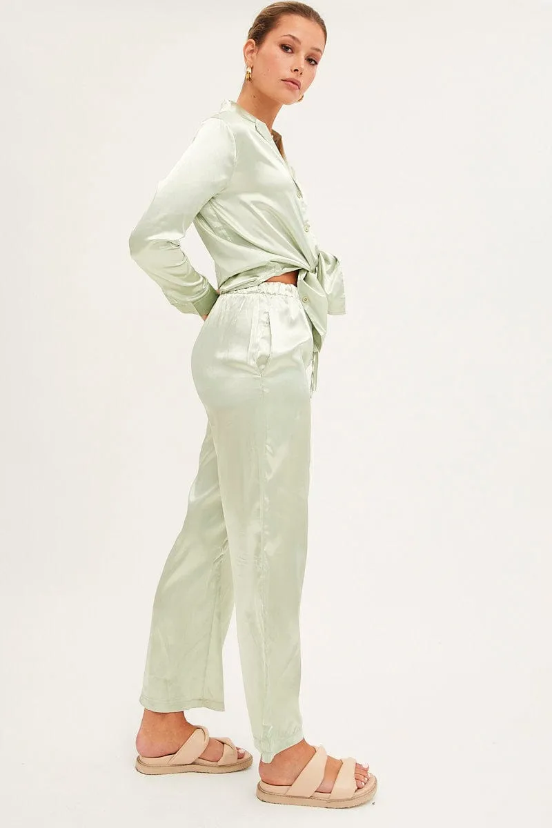 Green Wide Leg Pants Sporty Cut Layer Essential