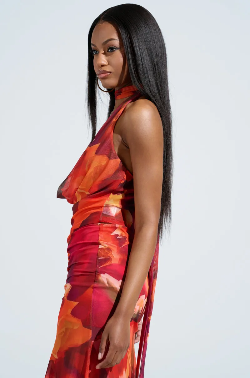UP IN FLAMES SCARF DETAILED COWL NECK BLOUSE Bright Color