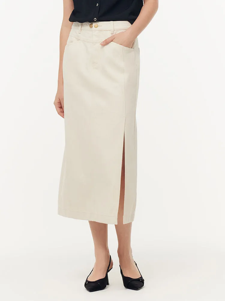 Tailored Cut 100% Cotton Denim Adjustable Waist Women Slit Skirt