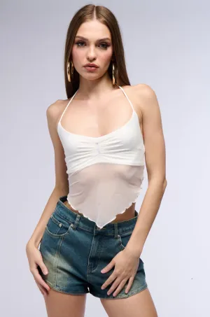 ALL YOUR LOVE HALTER TIE NECK MESH CROP TANK IN WHITE vertical placement Quick Dry Fabric