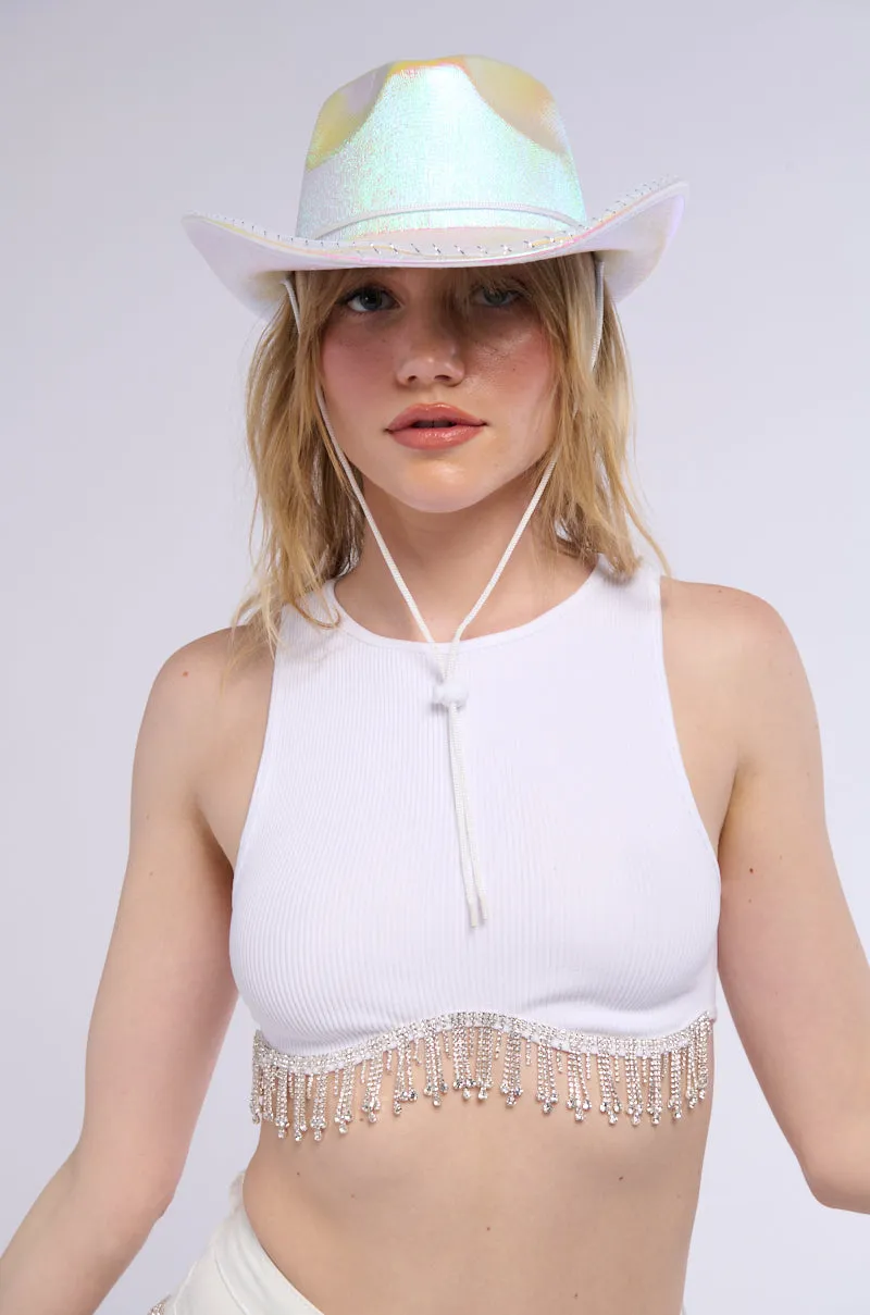 MAKE YOU BELIEVE IT RHINESTONE FRINGE TANK IN WHITE Performance Fit Heat Control