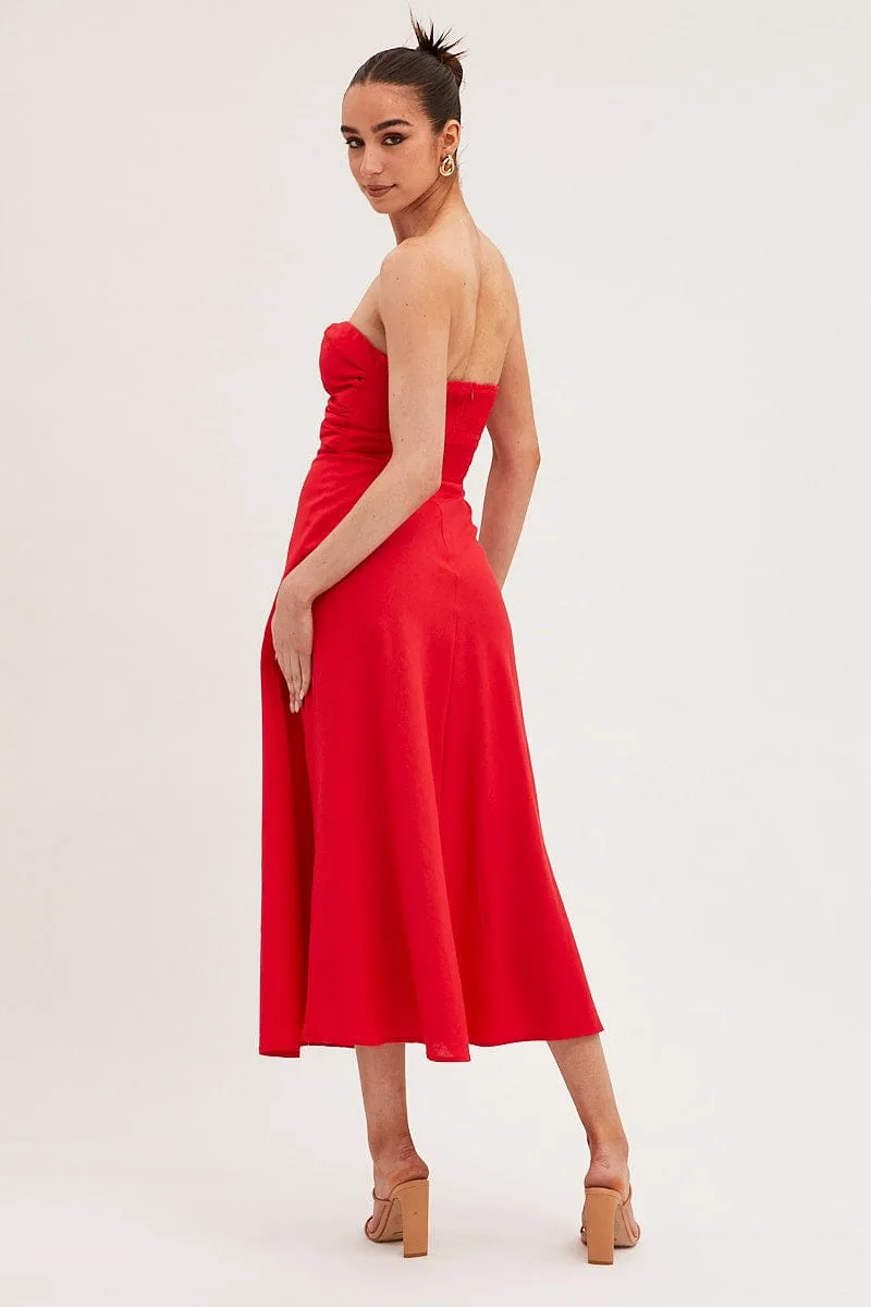 Red Bandeau Dress Sleeveless Midi Sweetheart Frost Light