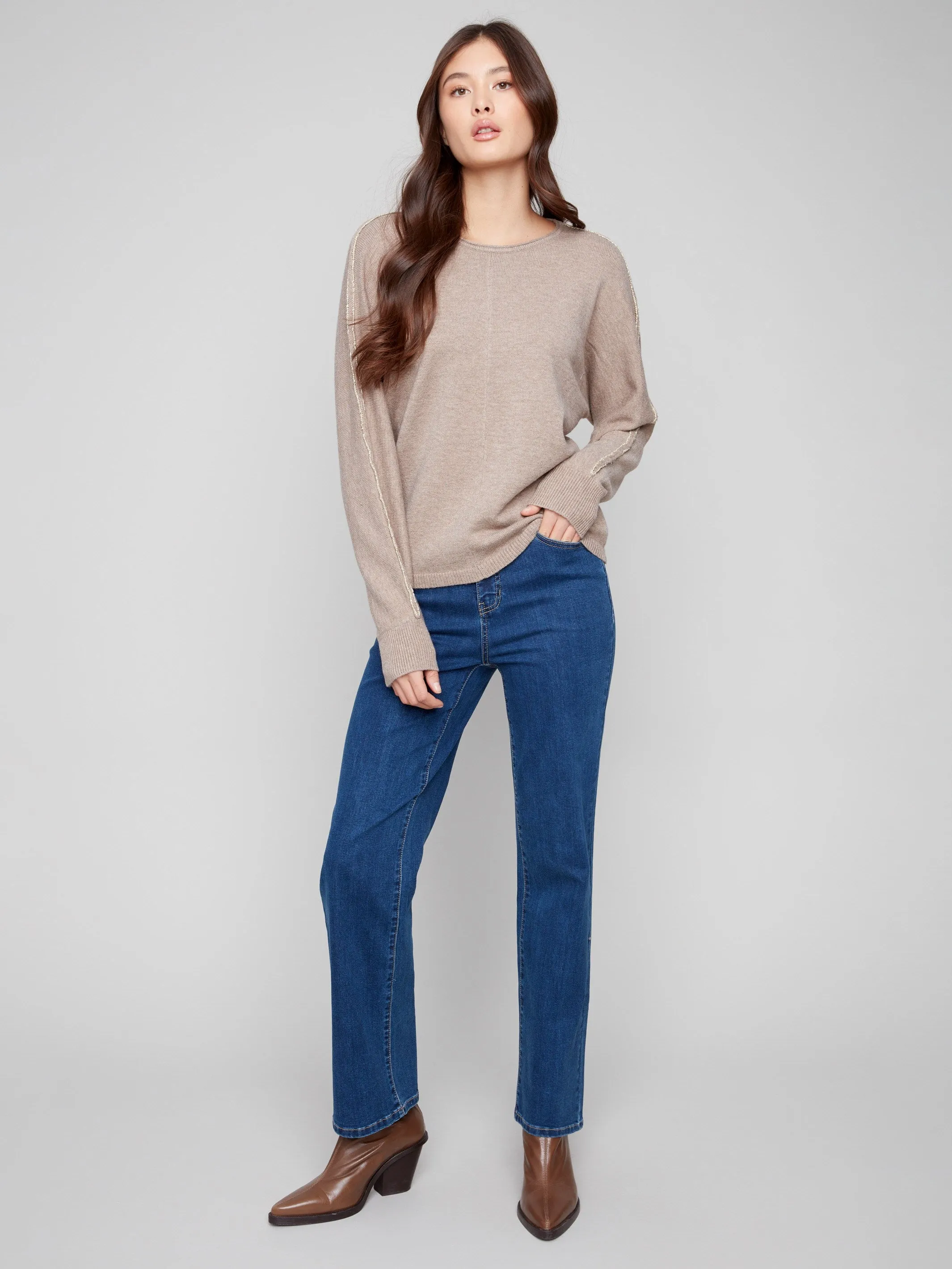 Sweater With Metallic Sleeve Detail - Heather Taupe Soft Knit Style