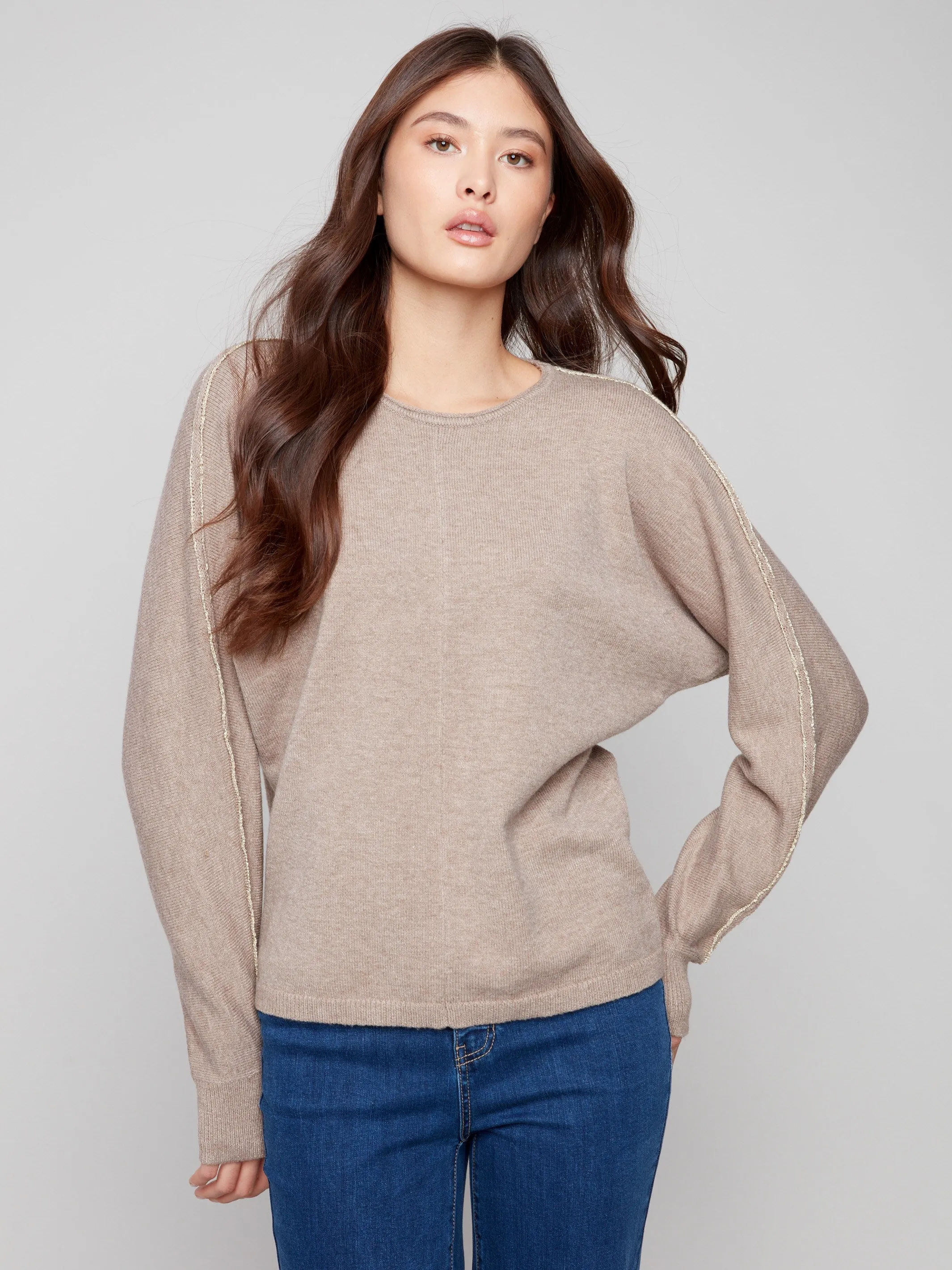 Loose Weave Sweater With Metallic Sleeve Detail - Heather Taupe