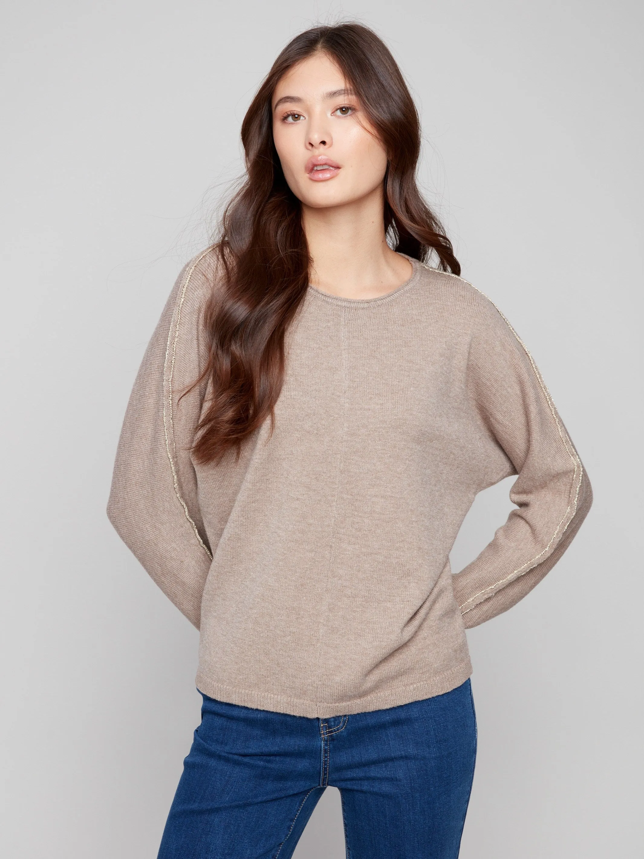 Cold-Weather Fashion Timeless Layering Sweater With Metallic Sleeve Detail - Heather Taupe