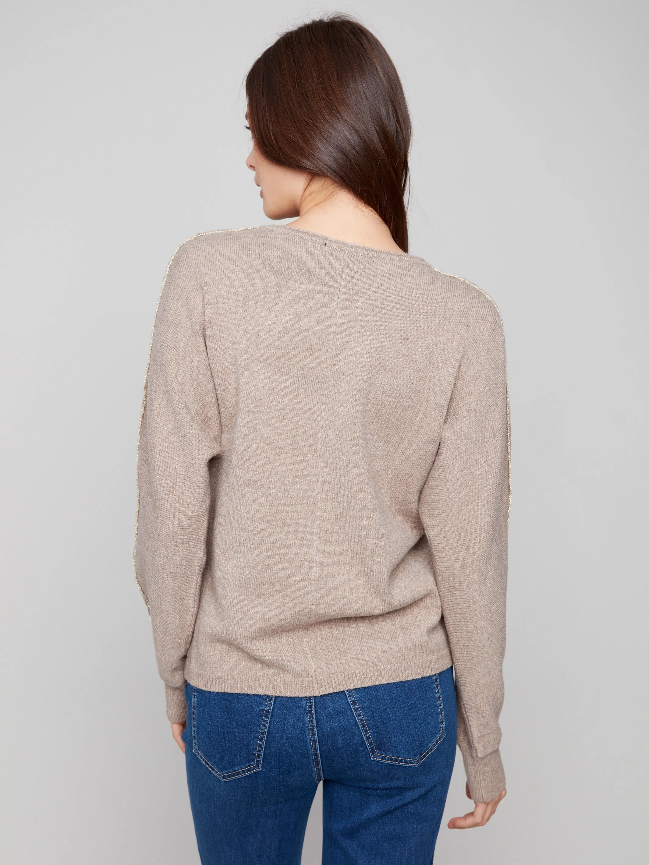 Friction Resistant Edging Quick Knit Sweater With Metallic Sleeve Detail - Heather Taupe