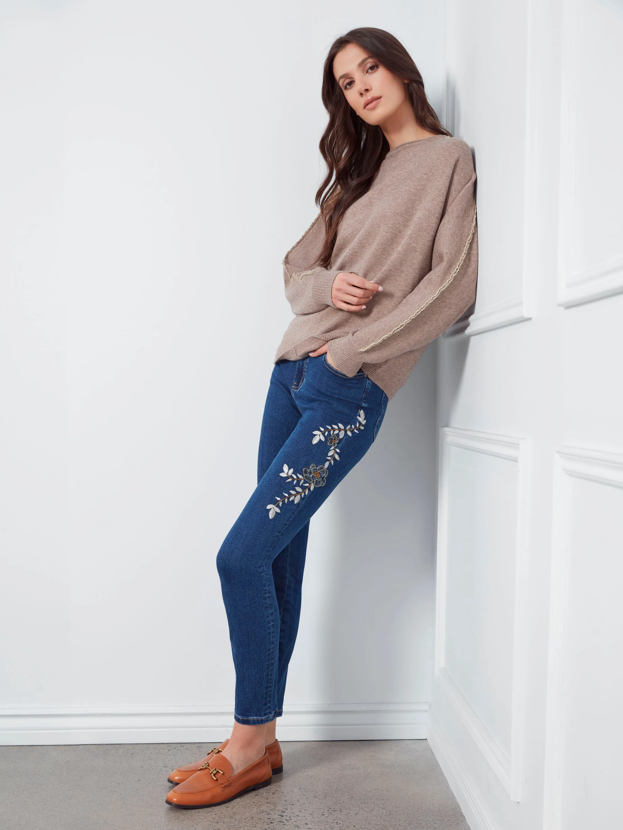 Snuggle Wear Fade Resistant Textiles Sweater With Metallic Sleeve Detail - Heather Taupe