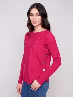 Comfortable Style Boat Neck Sweater With Side Buttons - Heather Hibiscus