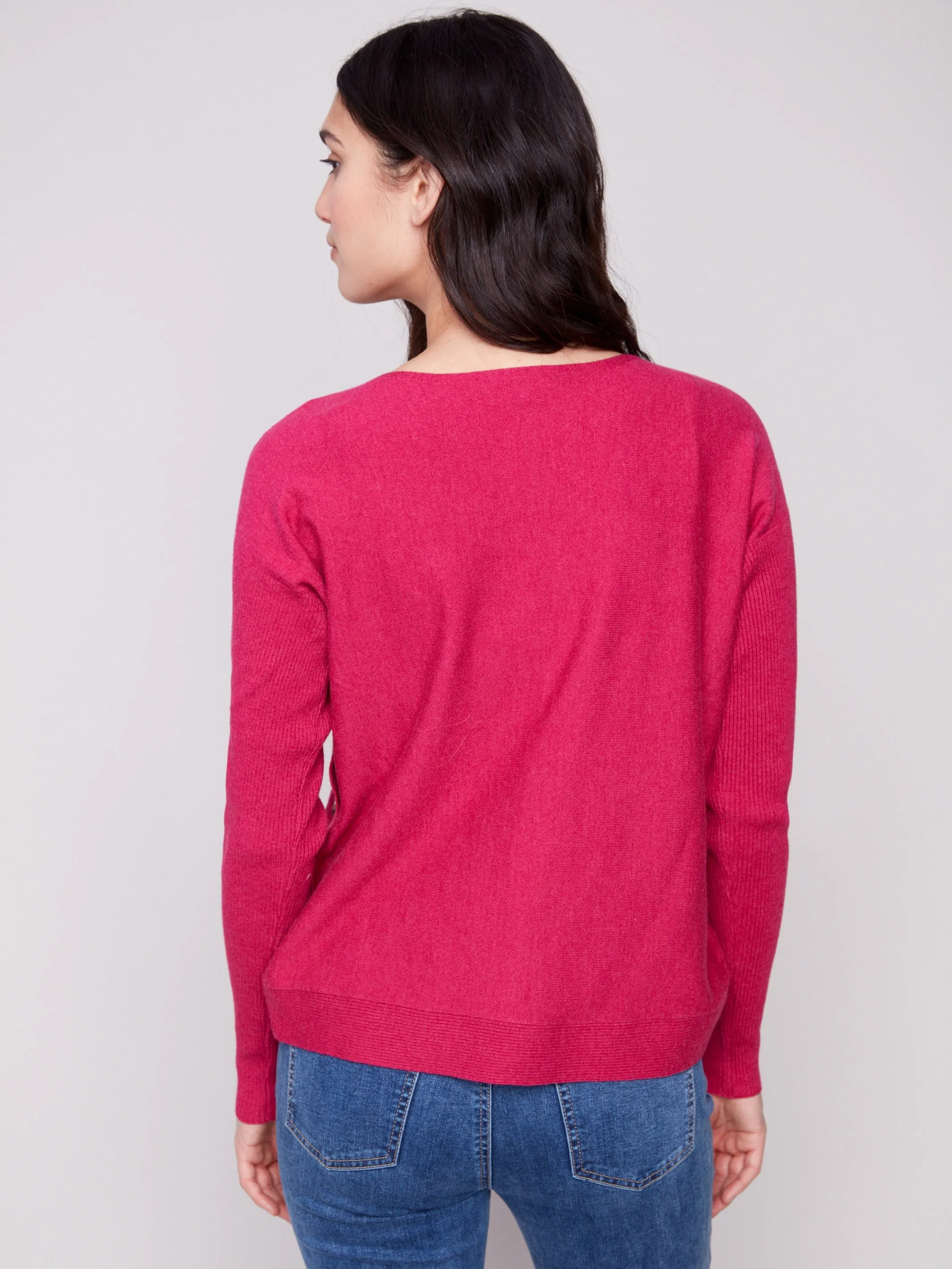 Modern Look Durable Reinforced Elbows Boat Neck Sweater With Side Buttons - Heather Hibiscus