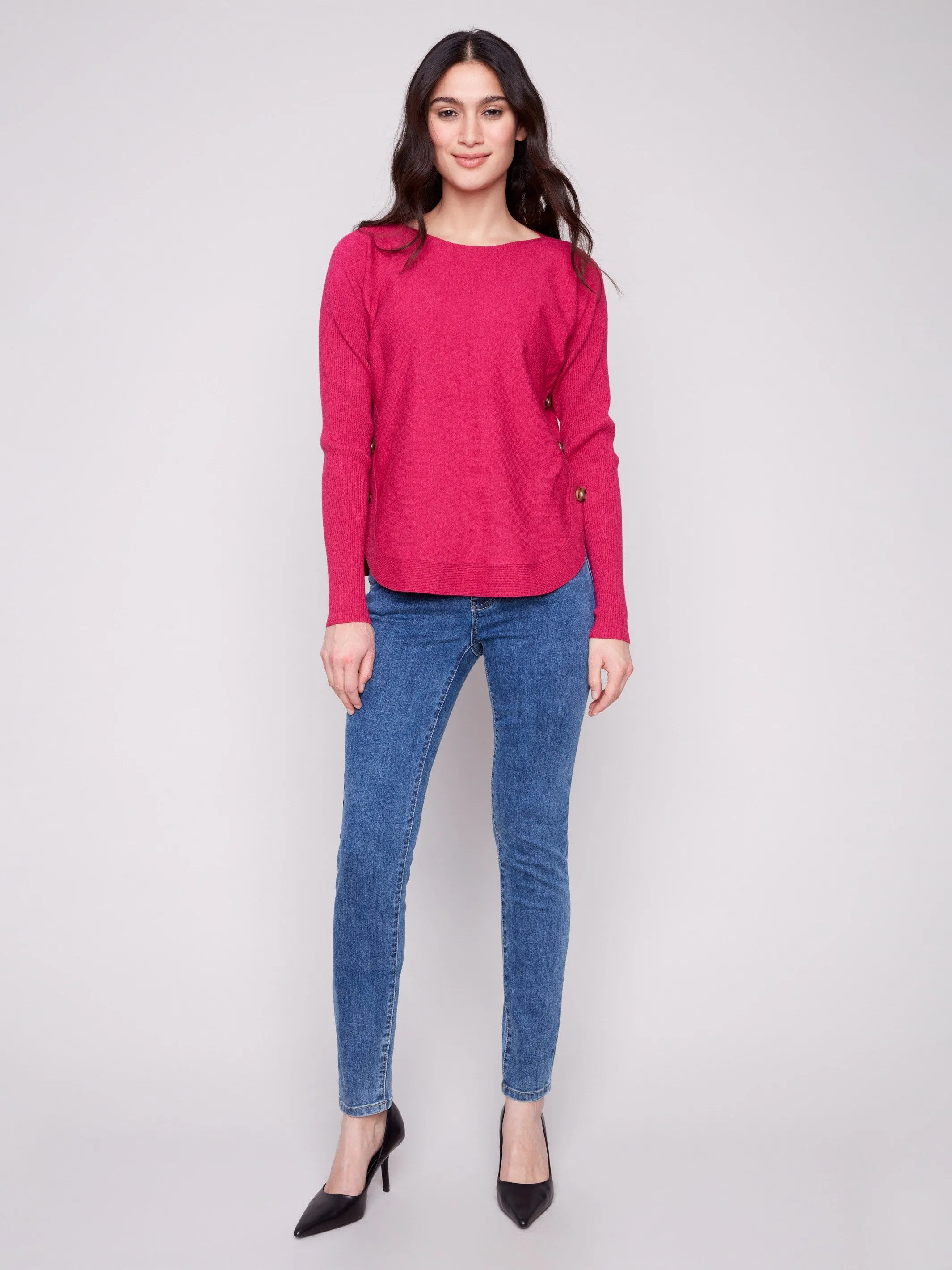 Boat Neck Sweater With Side Buttons - Heather Hibiscus Cozy Apparel