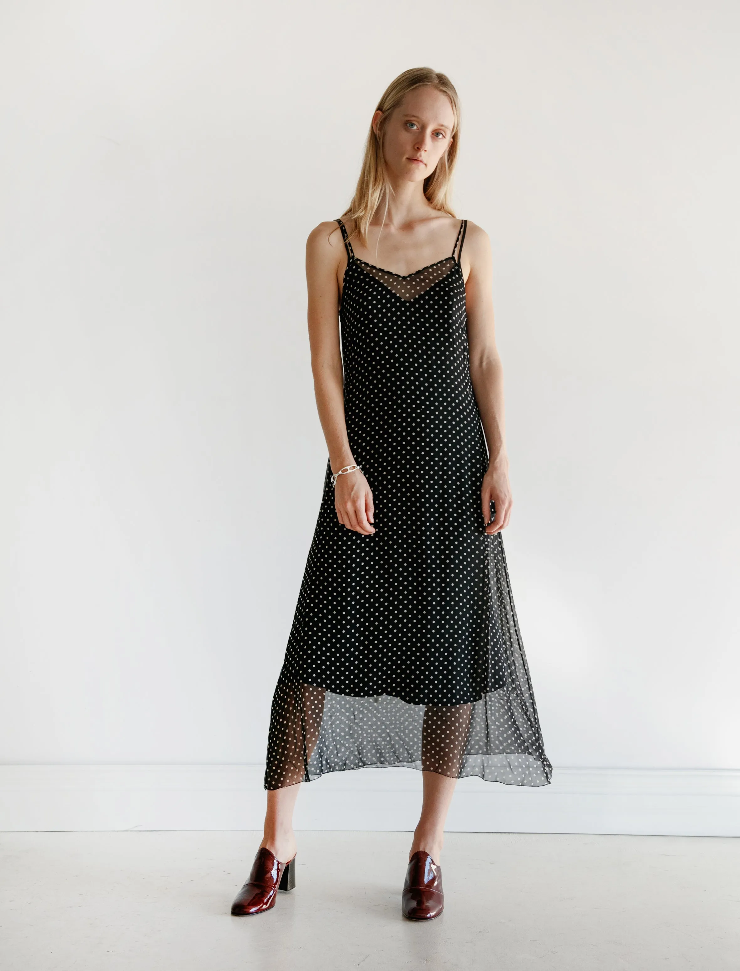 Chiffon Dot Slip Dress Fire Glow HighCollar Style