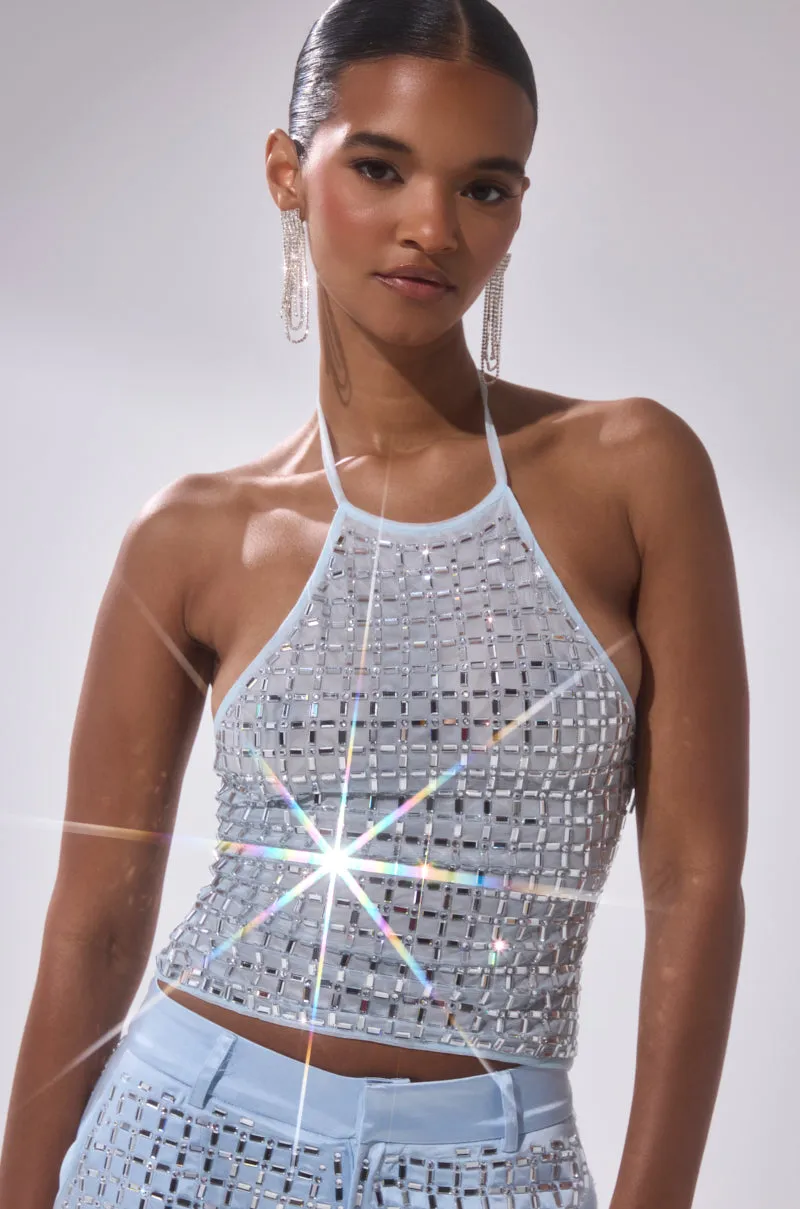 small - volume storage LILA EMBELLISHED MOCK NECK MESH TOP