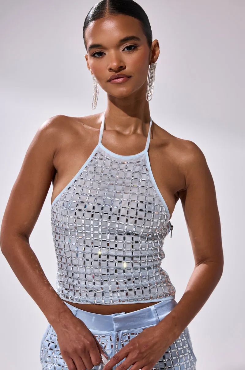 Wind Resistant Front High Neckline LILA EMBELLISHED MOCK NECK MESH TOP