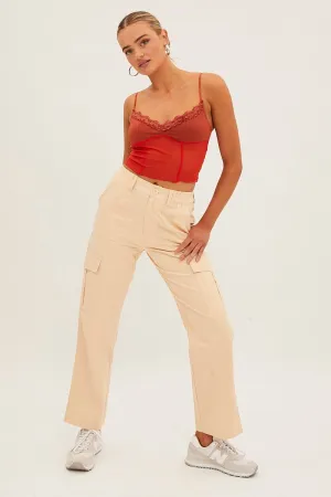Beige High Rise Wide Leg Cargo Pants Durable Construction