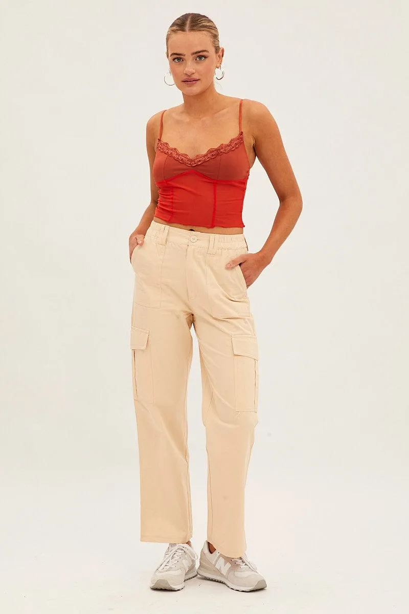 Tailored Silhouette Beige High Rise Wide Leg Cargo Pants