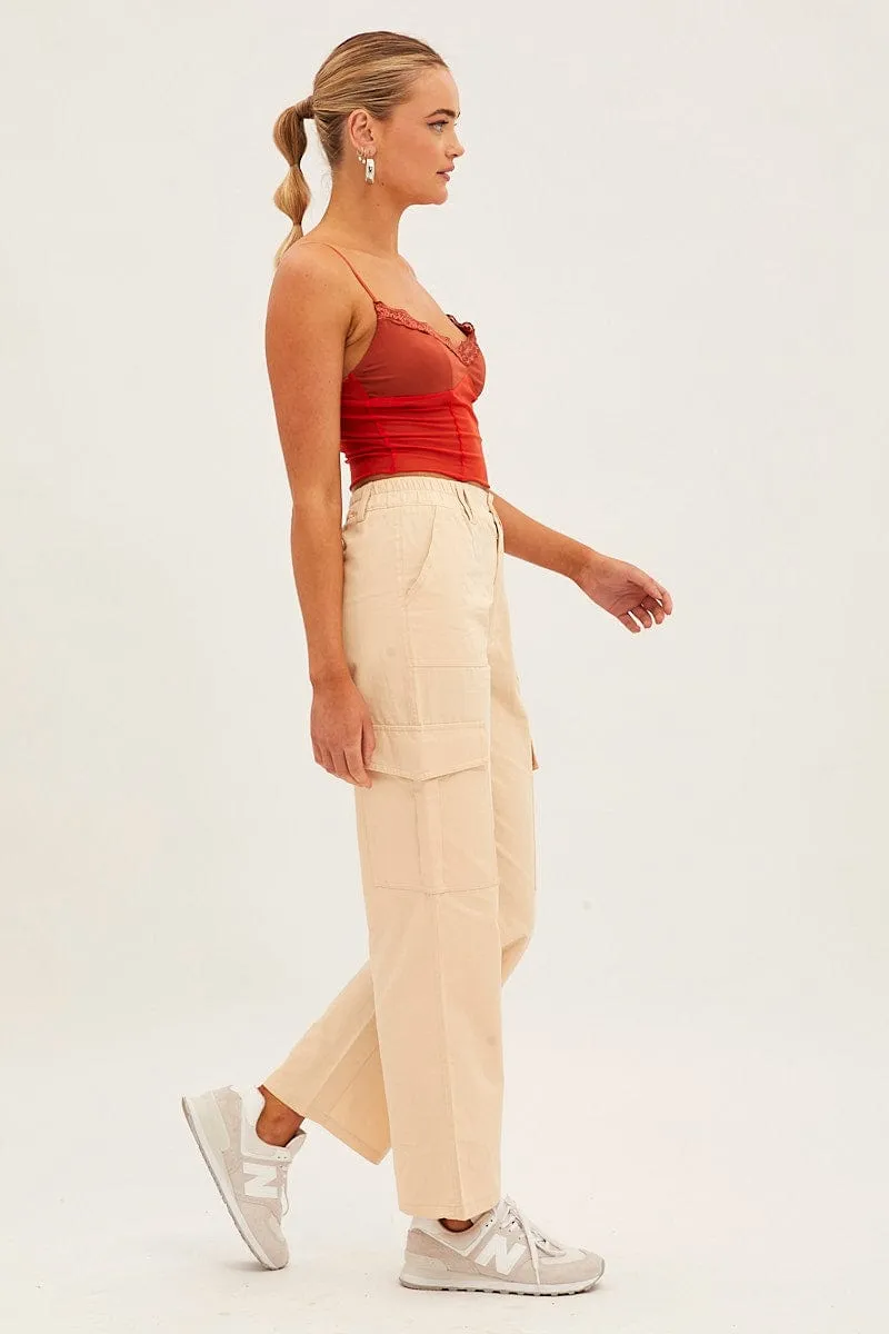 Beige High Rise Wide Leg Cargo Pants Street Active Premium Quality