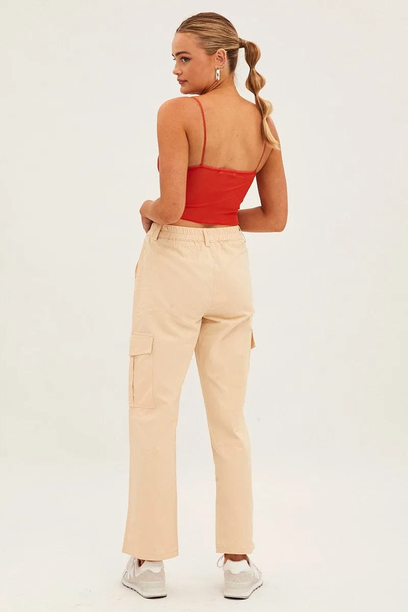 Travel Friendly Moisture Management Beige High Rise Wide Leg Cargo Pants